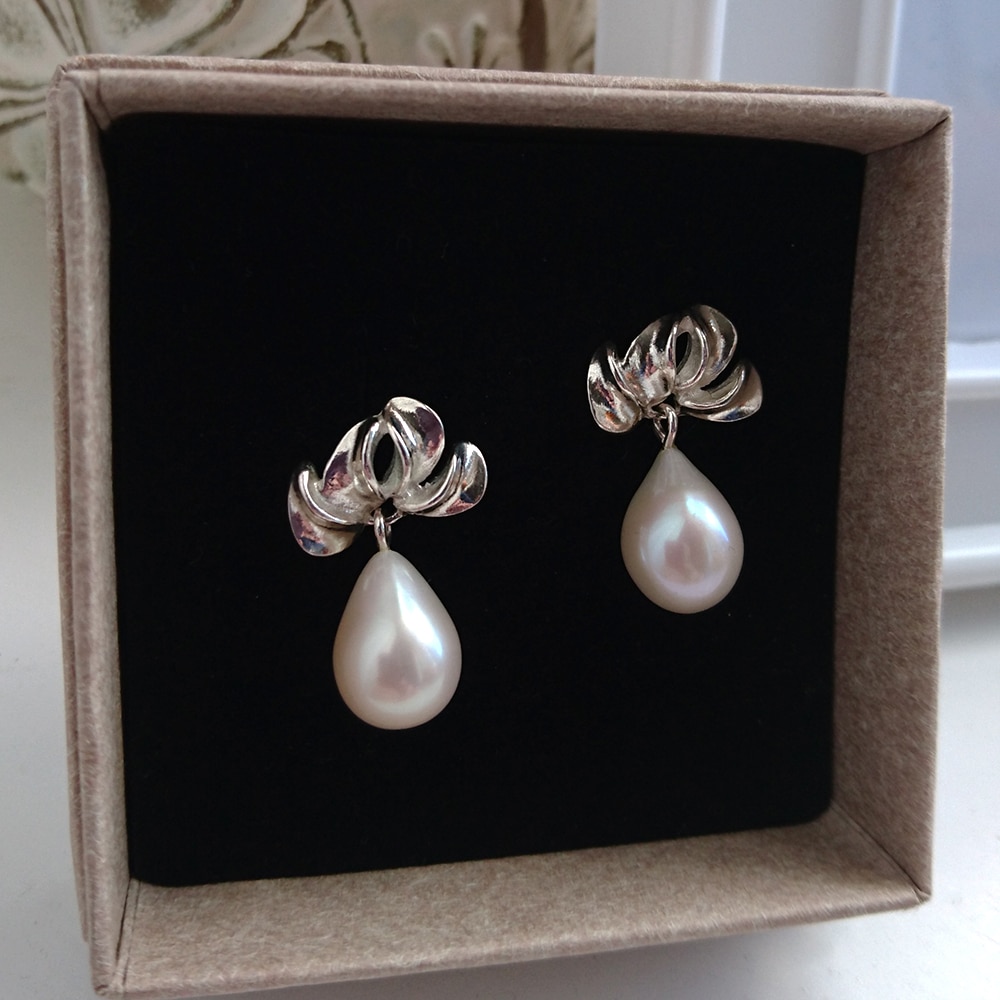 Sterling Silver “Petal” Earrings with Freshwater Pearl Drops