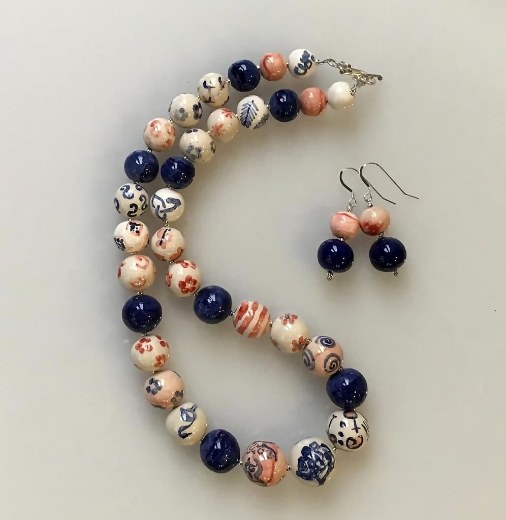 Coral & Blue Painted Bead Necklace and Earrings