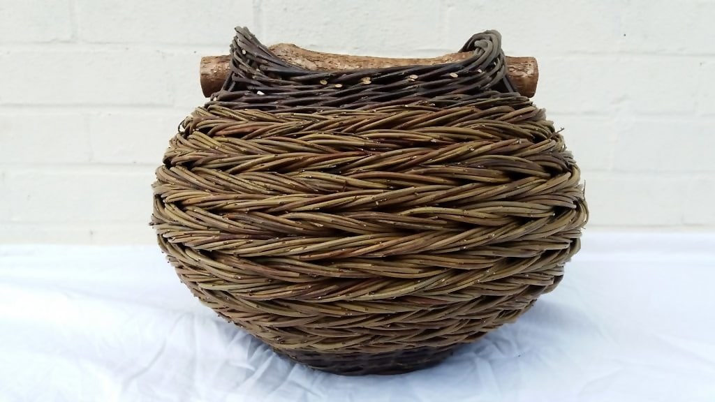 Bulbous Herringbone Weave Basket with Hazel Handle