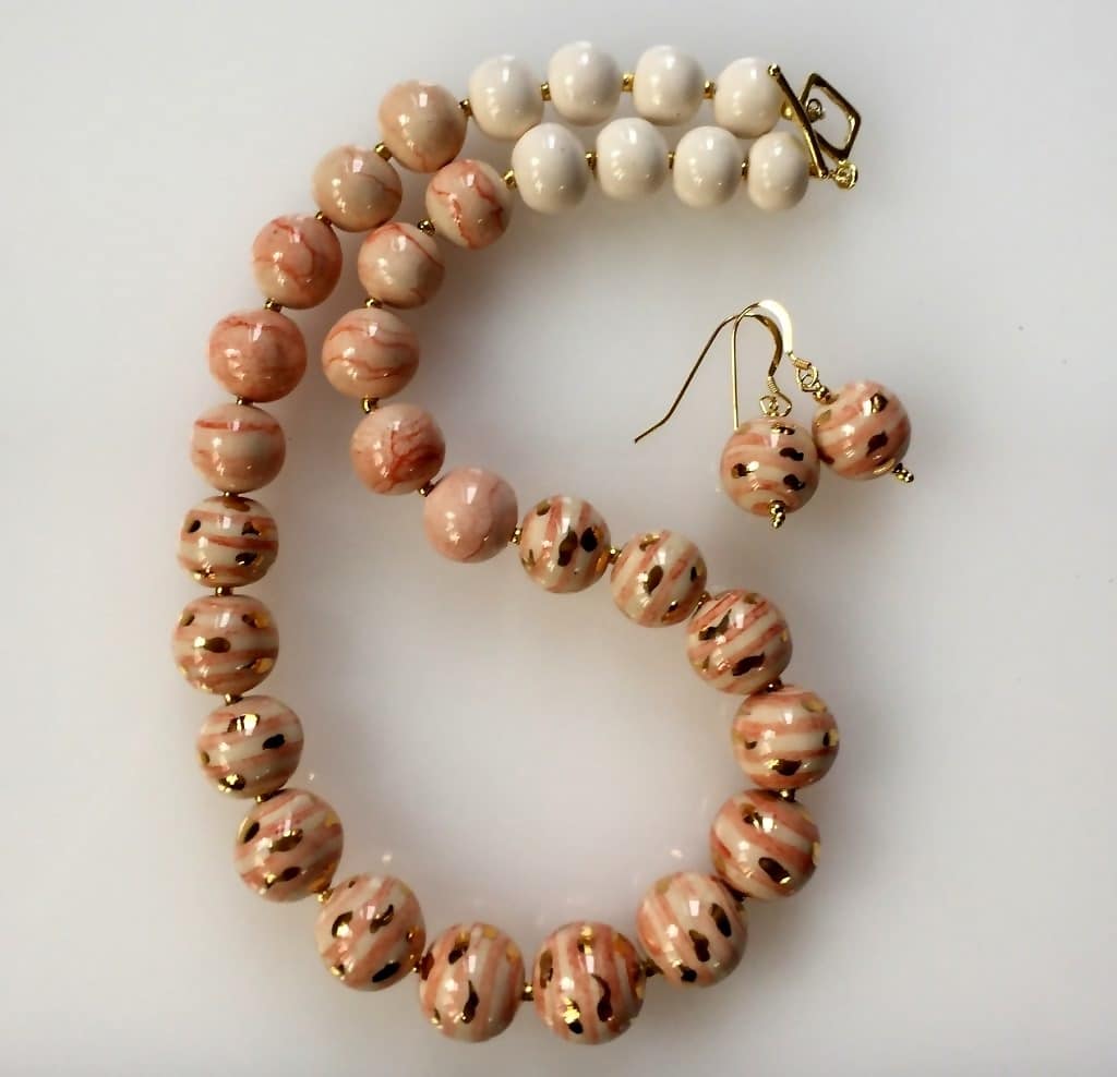 Coral, Gold and Cream Bead Necklace and Earrings