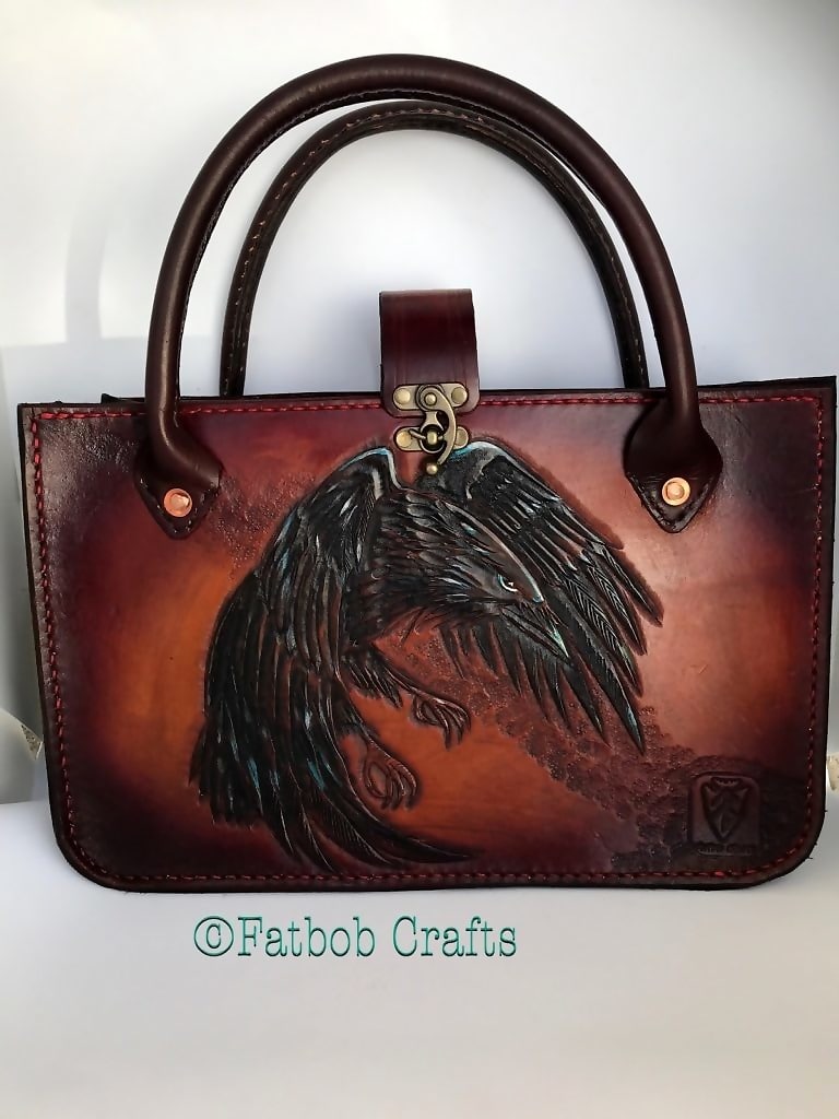 Handcrafted leather handbag with Raven Design