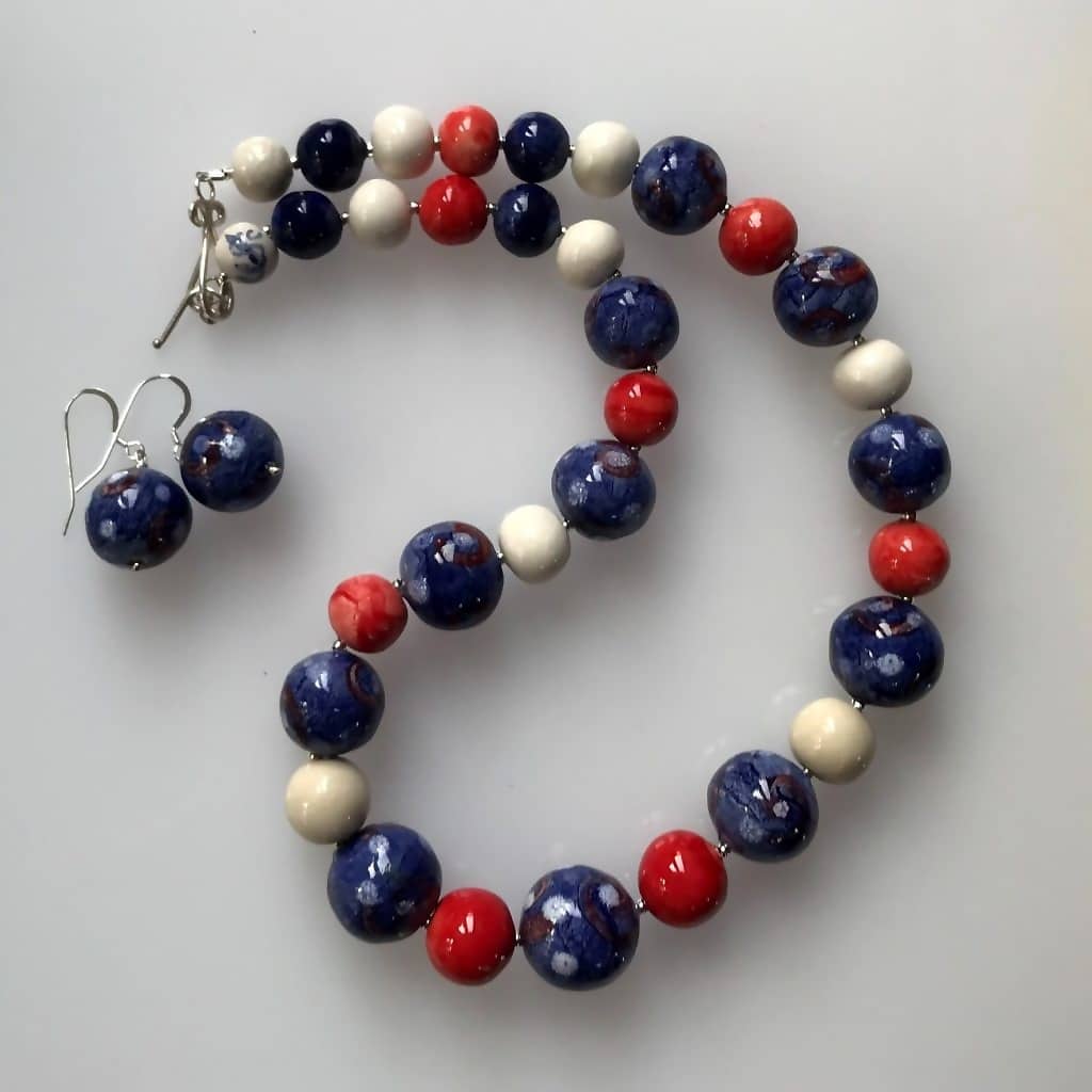 Blue, Red and Cream Spiral Bead Necklace and Earrings