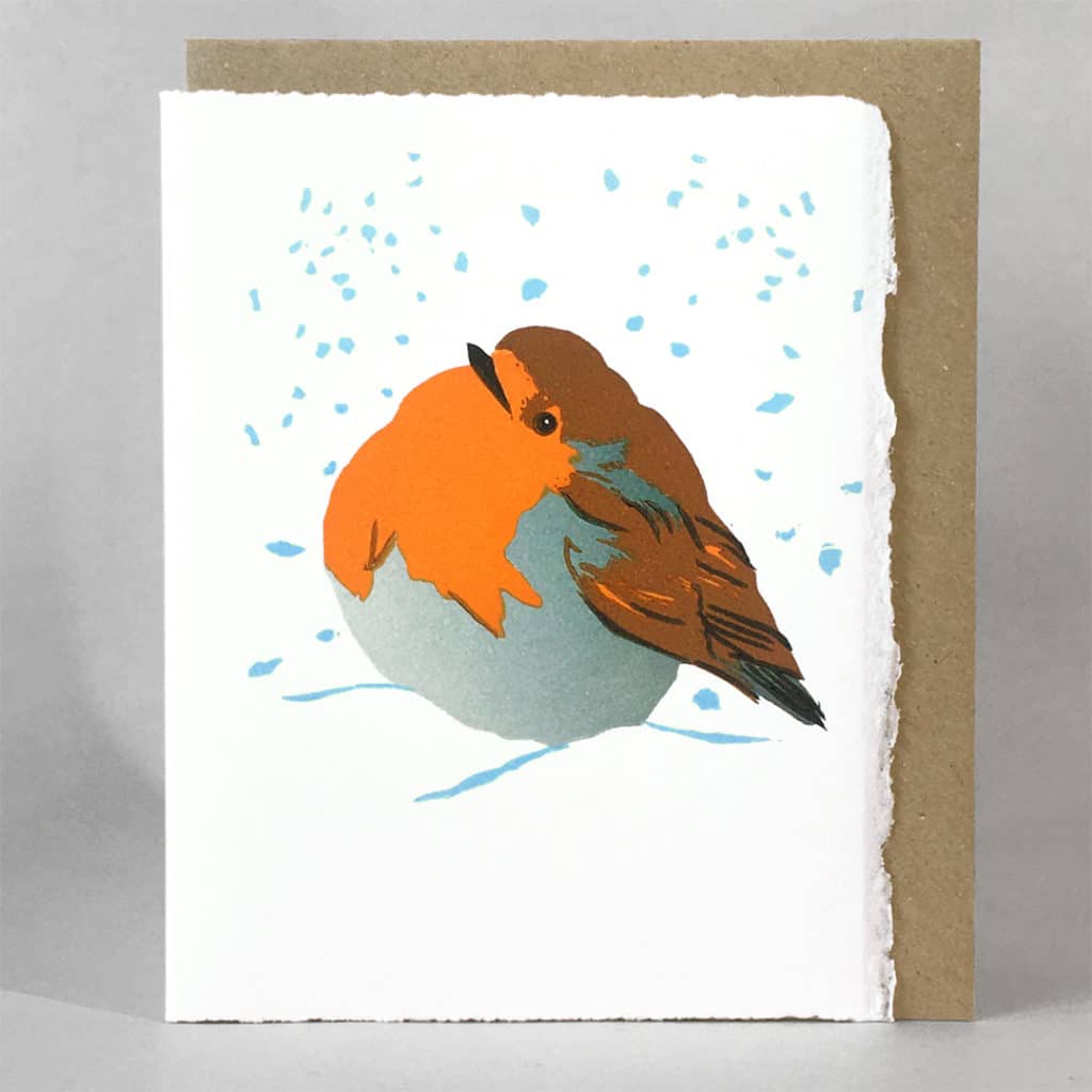 Snow Bath – Robin Original LinoCut HandPrinted card