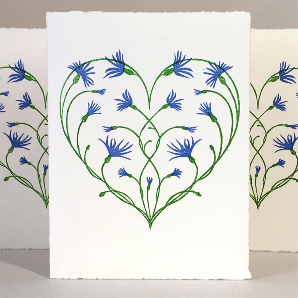 Cornflower Love Heart – Original HandPrinted LinoCut Card