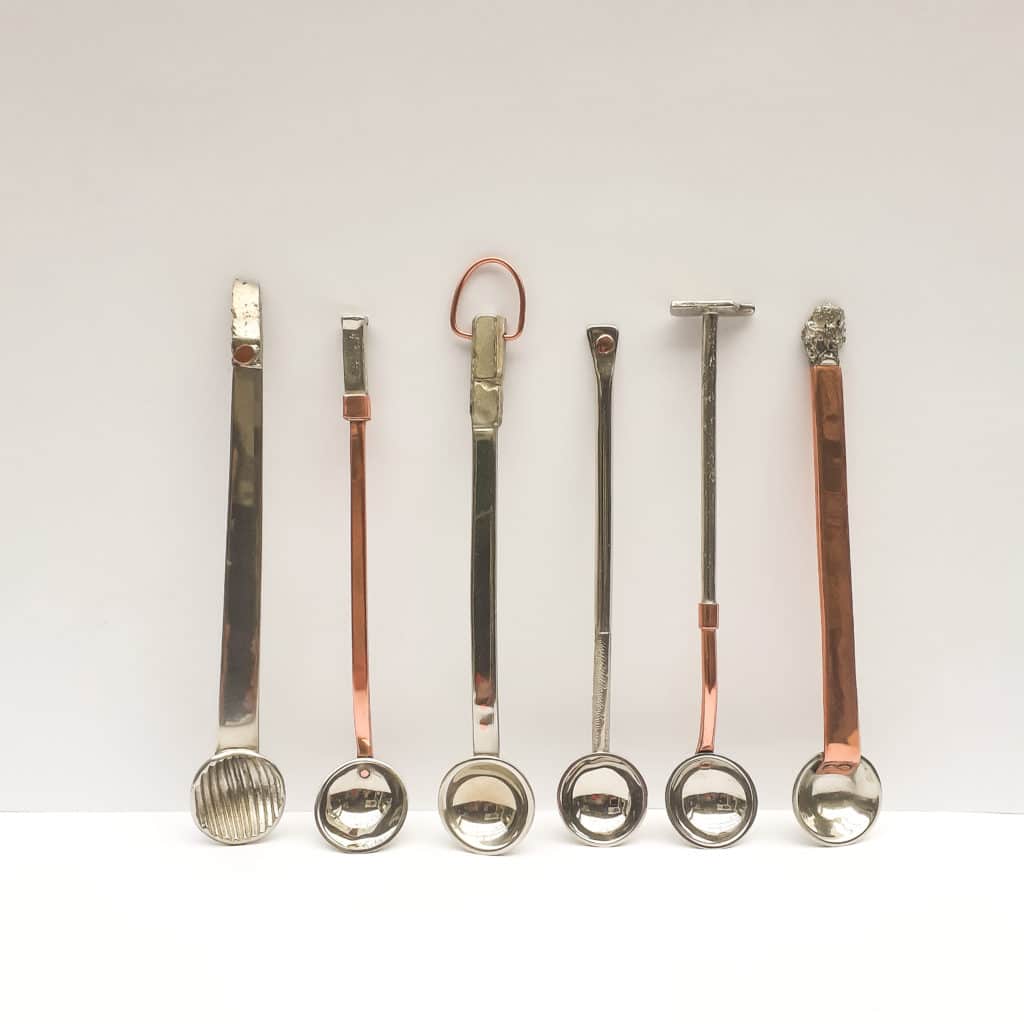 Pewter and copper ‘condiment’ spoons