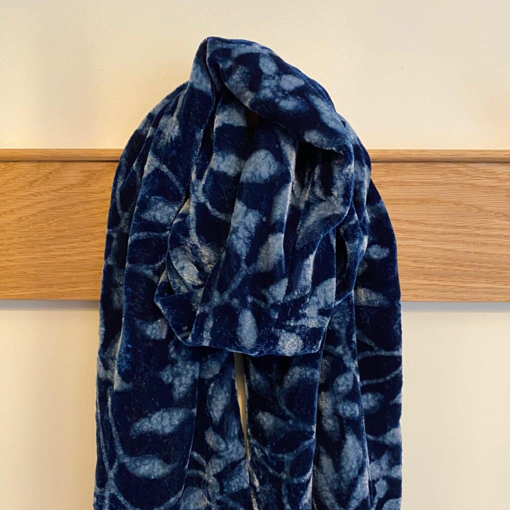 Indigo Silk Velvet Block Printed Scarf