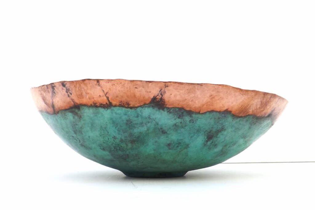 Large Shallow Copper Bowl with Verdigris Patina