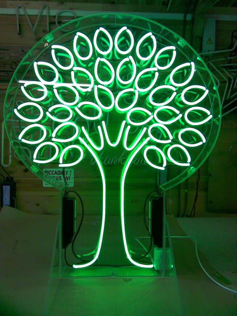 Eden Tree – made in green neon. 1.4m tall in acrylic display case. Private commission.