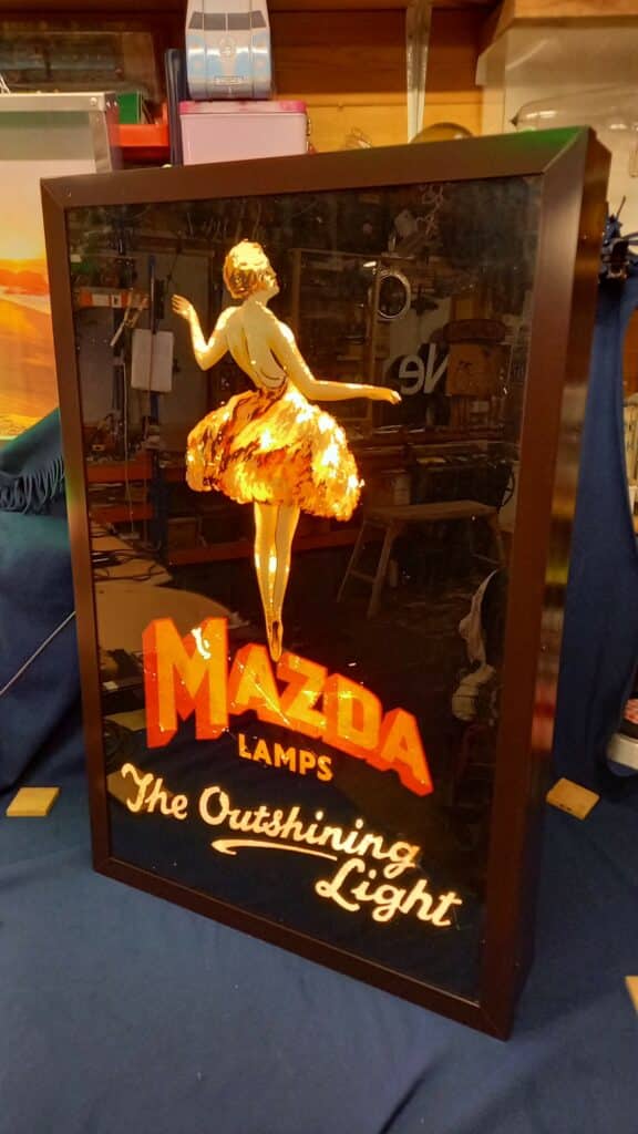 Vintage MAZDA lighting sign restoration internally illuminated (was smashed to pieces)