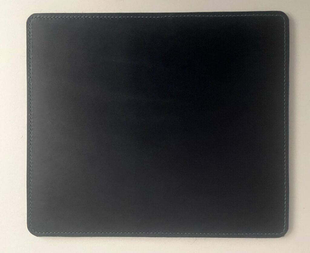 Mouse Pad – Mid-blue in Lamport leather, hand sewn with wool felt backing.