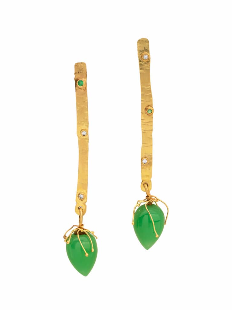 18ct gold, diamonds, emerald and Chrysoprase Fand earrings