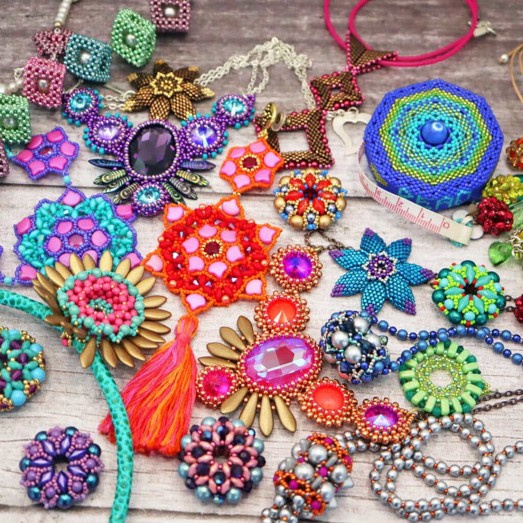 Colourful designs created using Chloe’s beading patterns