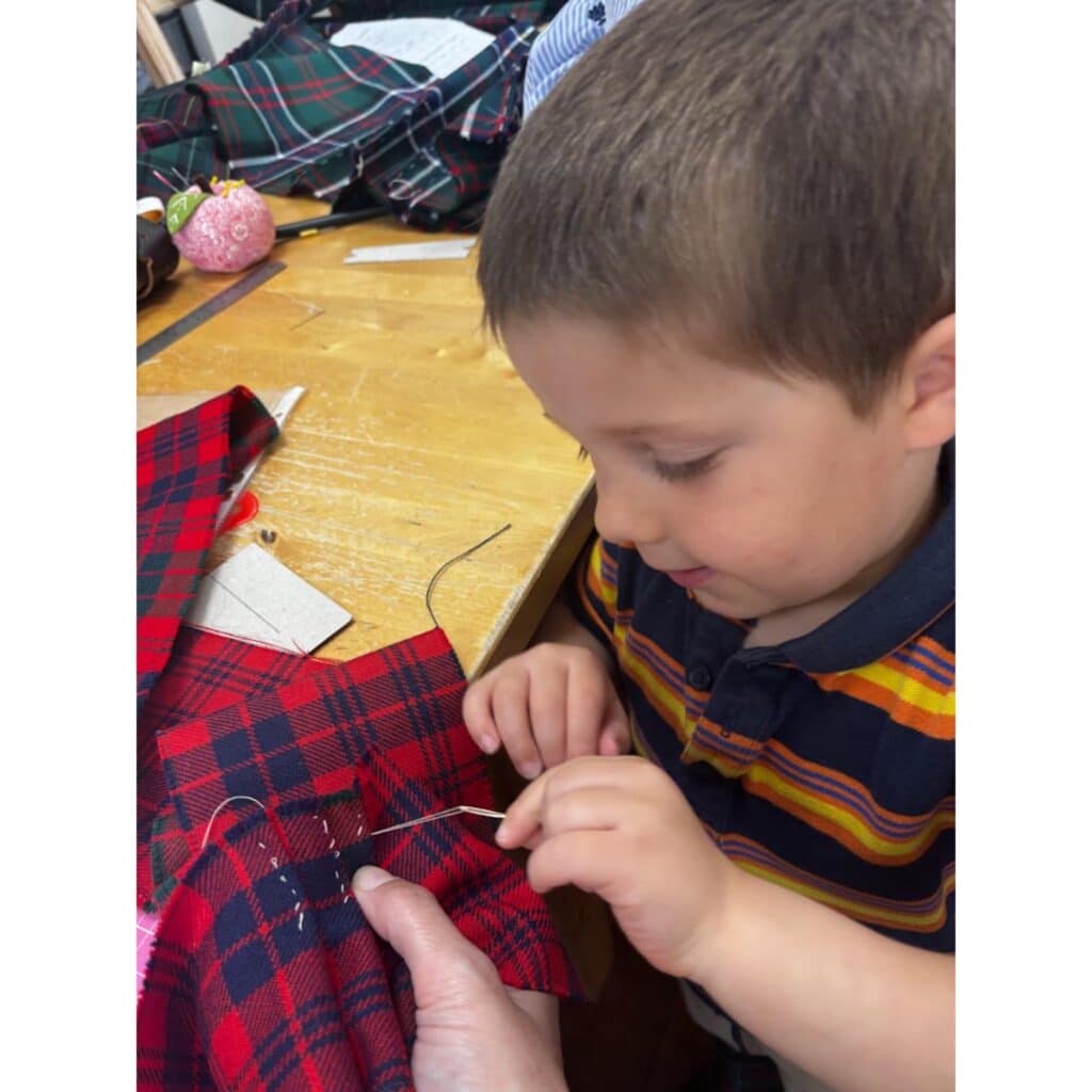 Our youngest stitcher! Three year old who attends our Mums & Under 5s Kiltmaking group. He wants to make a kilt for his teddy, Leo