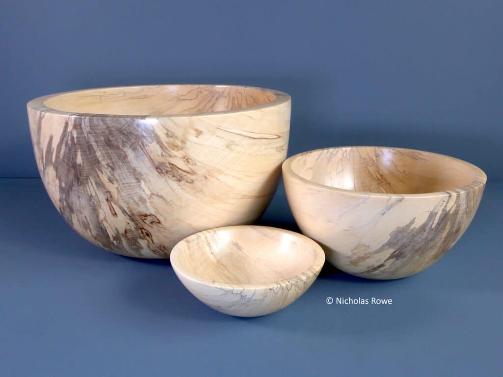 Spalted Sycamore Nest of Bowls, waxed and turned from a single piece of wood.