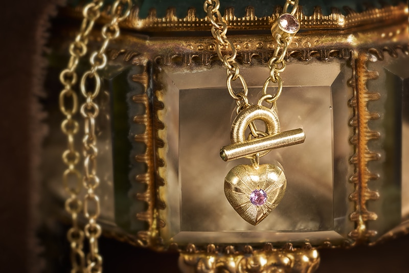 Large Tudor Locking Heart necklace in 18ct Yellow Gold with handmade chain and sapphires