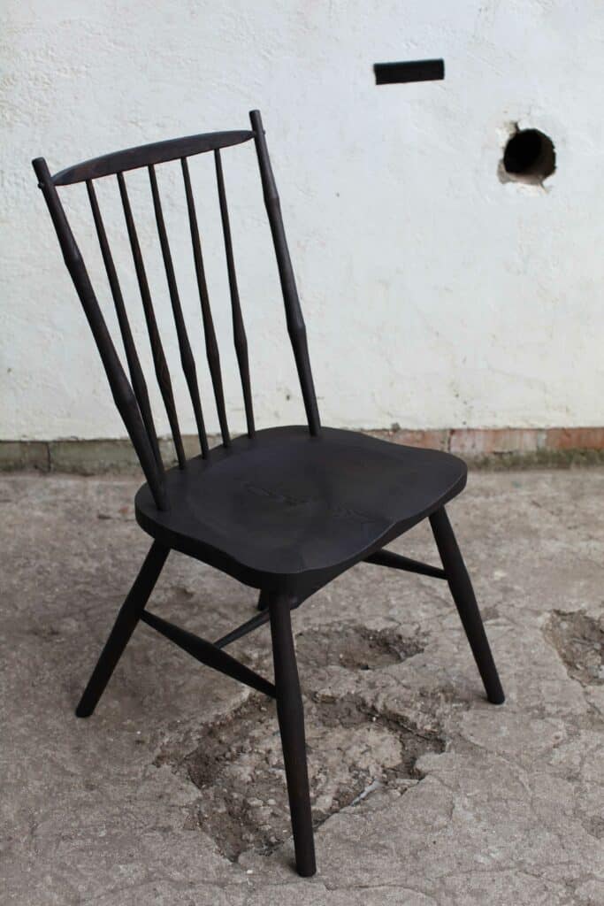 Ash chair made using hand tools with a burnt finish.