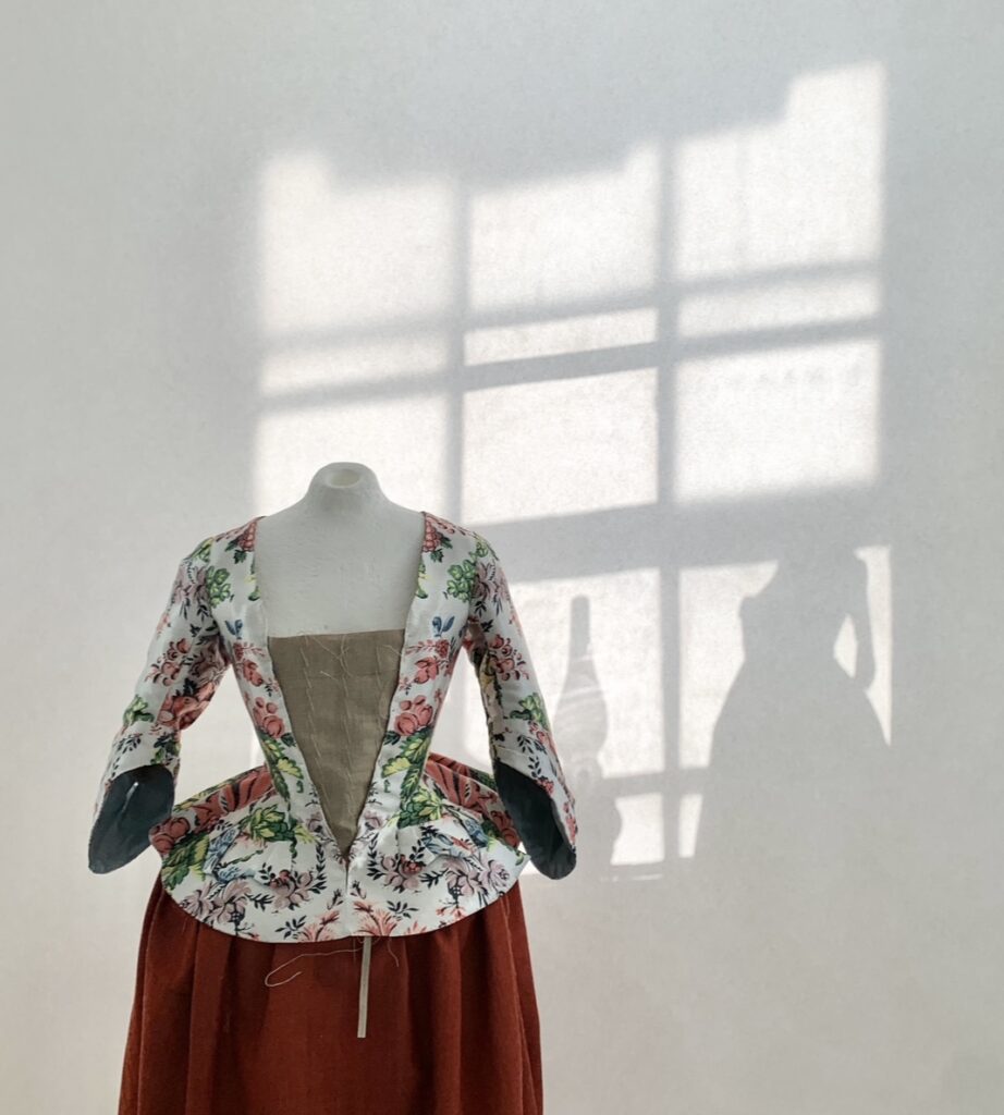 Work in progress of reconstructing 18th century jacket at The School of Historical Dress London