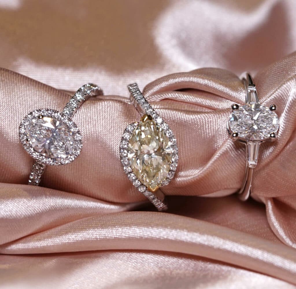 Diamond engagement rings in 18K solid gold. Handcrafted fine jewellery by Lena Cohen Jewellery London.