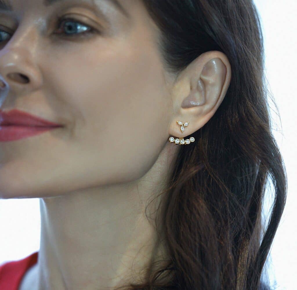 Diamond jacket earrings in 18K solid gold. Lena Cohen Jewellery London fine handcrafted earrings, quiet luxury design for everyday elegance.