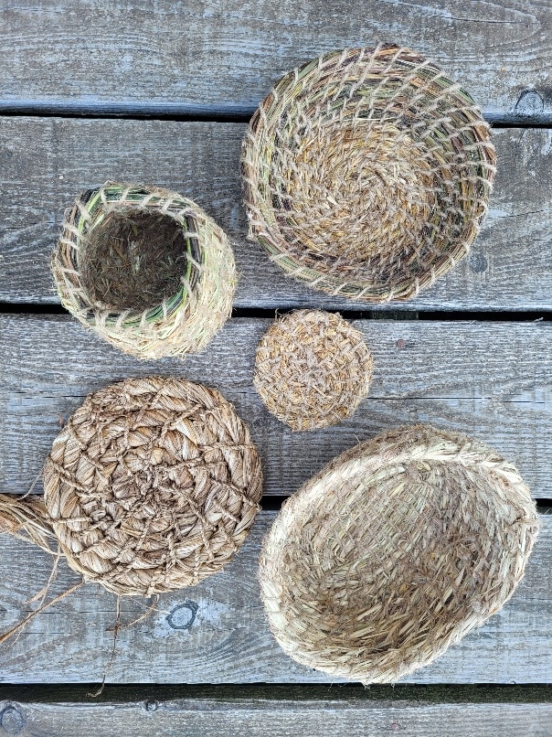 Coiled straw pots, bowls and mats