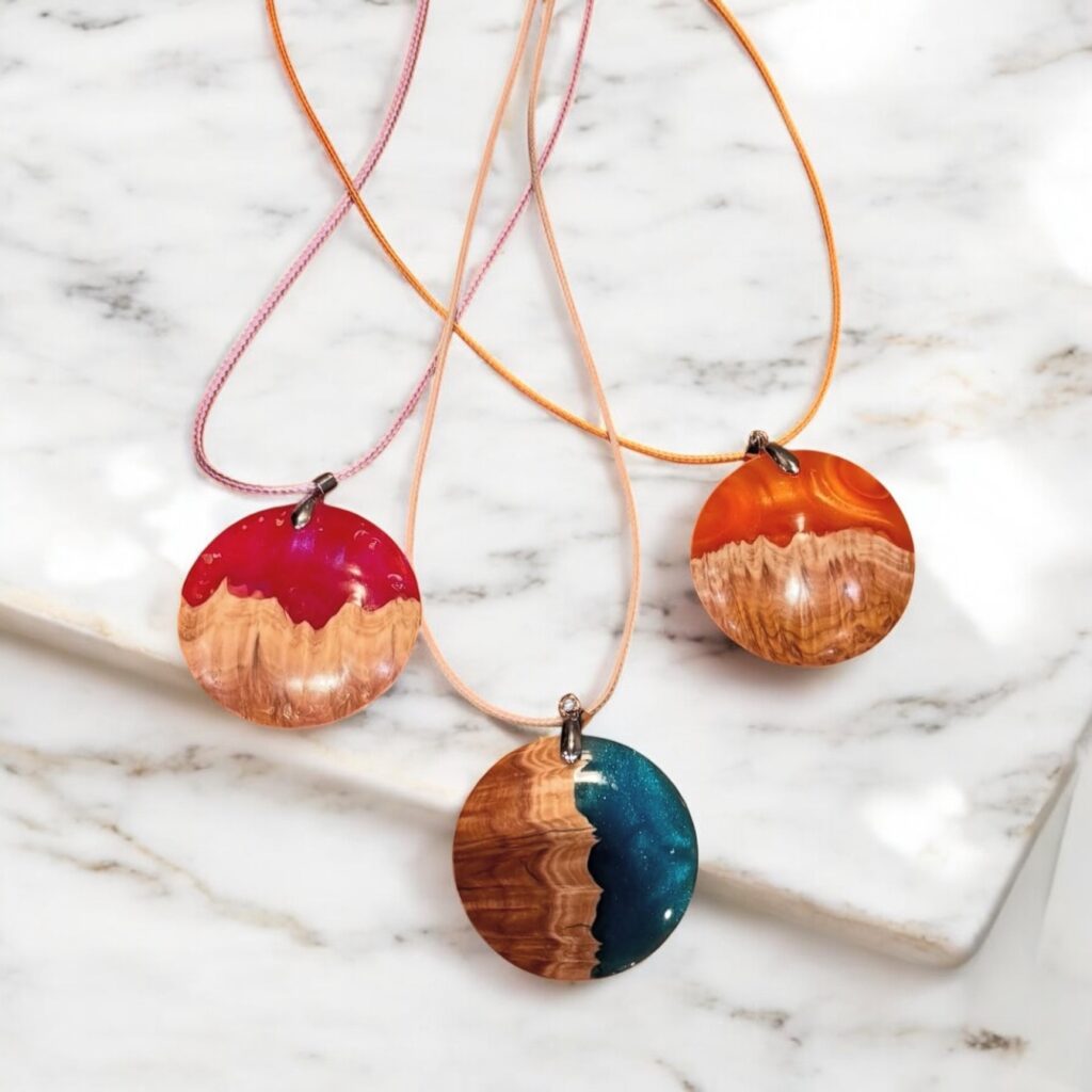 Wood Burl and resin hybrid necklaces
