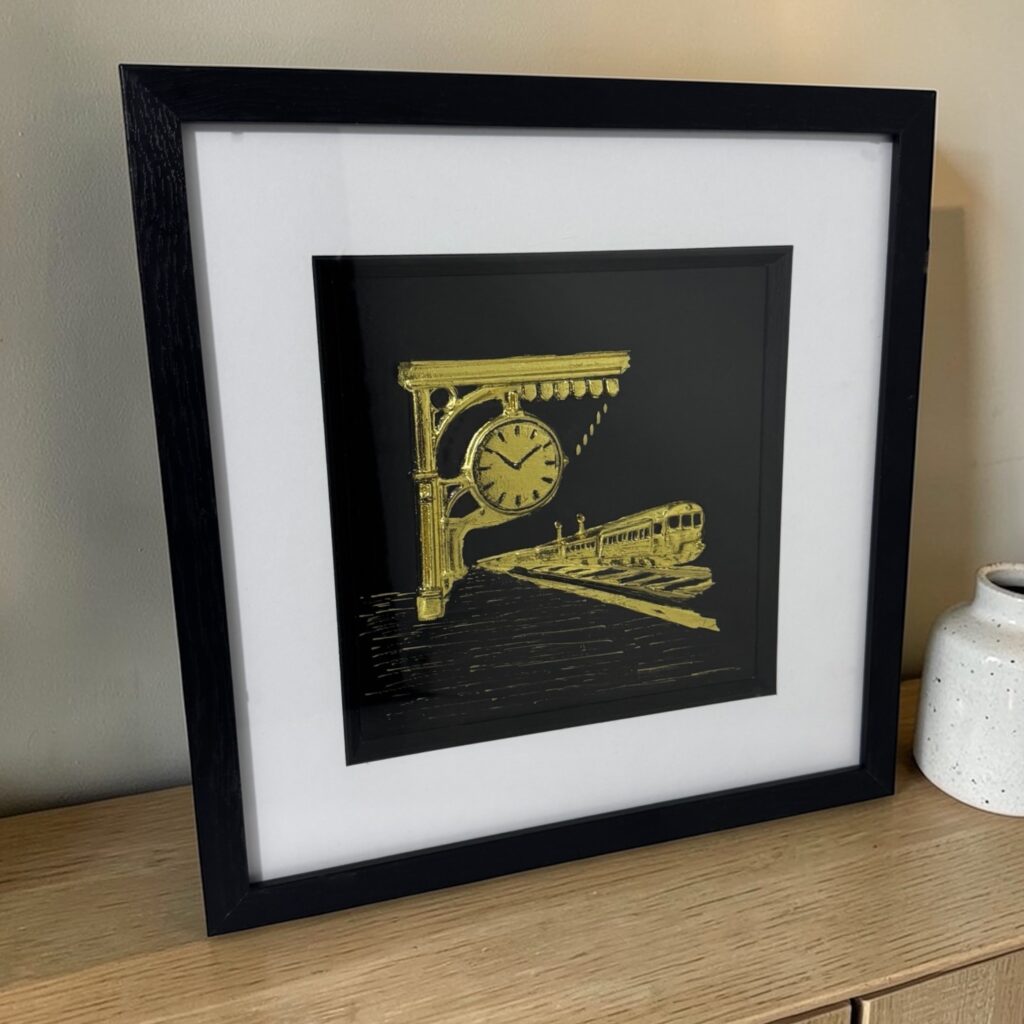 Gold leaf train station framed wall art