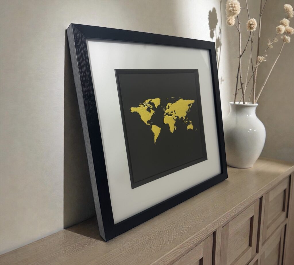Gold leaf world map framed wall art